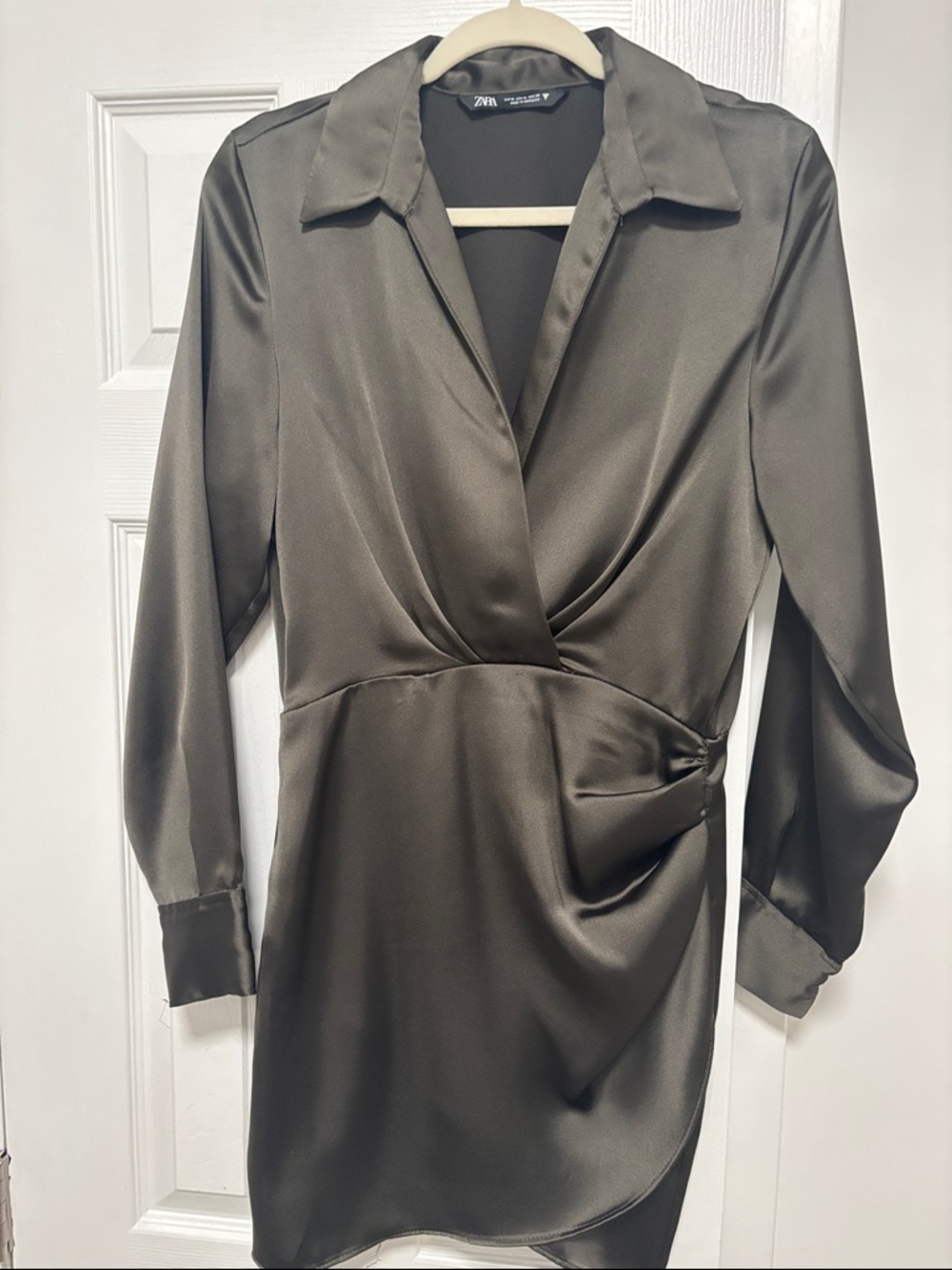 Zara Satin Olive Green Long-Sleeve Wrap Dress